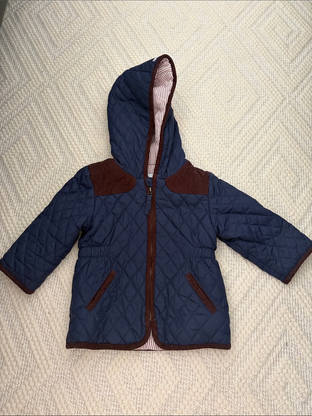 Jacadi navy quilted jacket with brown corduroy trim